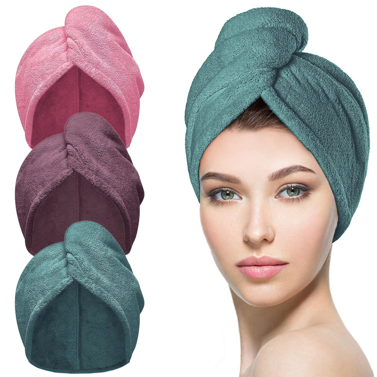 3 Packs Pink,Purple,Green Microfiber Hair Towel,Quick Dry Turbans for Wet Hair, Drying Wrap Towels Curly Women Anti Frizz - BKR LINE